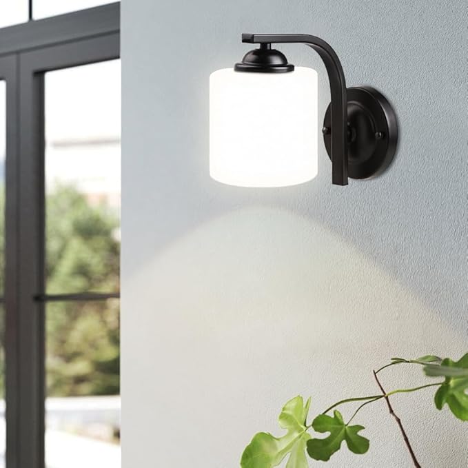Wall Sconce 2-Light, Modern Wall Lighting Fixture, Bathroom Vanity Lights with Matte Black Wall Lamp for Mirror Bedroom Kitchen Hallway Porch, Milky White Glass Shades, E26 Socket, Bulbs Not Included