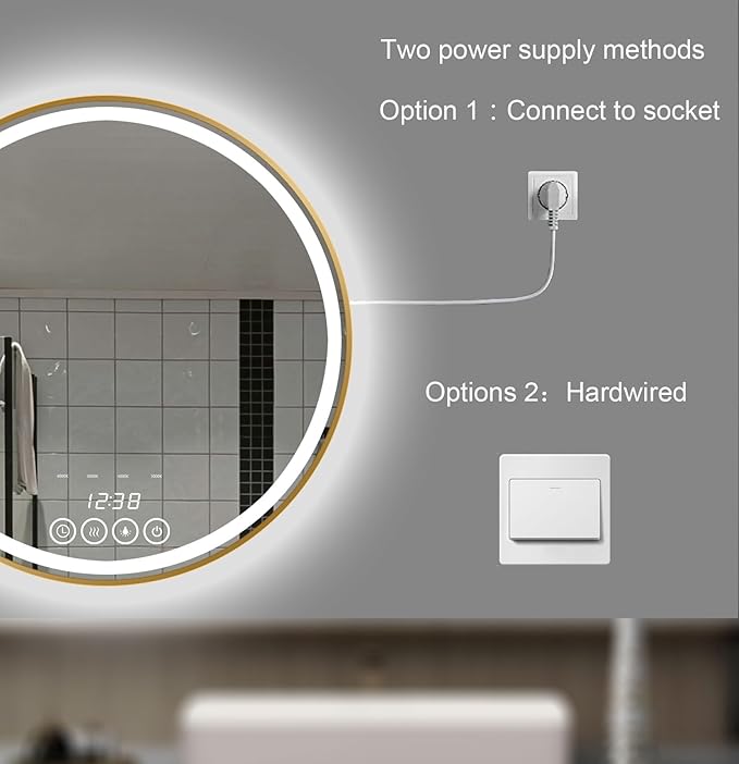 Wall-Mounted Round Bathroom Mirror with LED-Lights - Frame Vanity Mirrors (24" x 24", Gold)