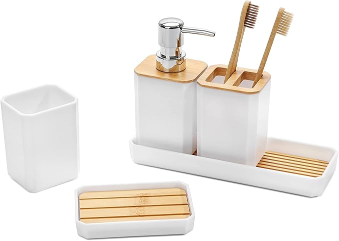FEILANDUO Bathroom Accessories Set,5 Pcs Bathroom Accessory Gift Set, Soap Dispenser, Soap Dish, Toothbrush Holder, Toothbrush Cup, Vanity Tray, Boho, Modern Bathroom Decor (White)