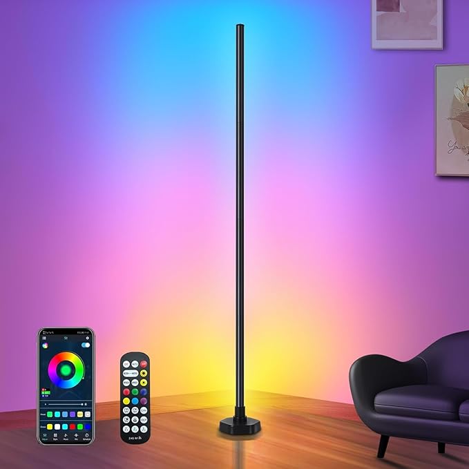 RGB LED Floor Lamp, RGB LED Corner Lamp with Music Sync, Remote Control Color Changing Ambience Light, 16 Million DIY Colors Timer Setting for Living Rooms, Bedrooms and Gaming Rooms