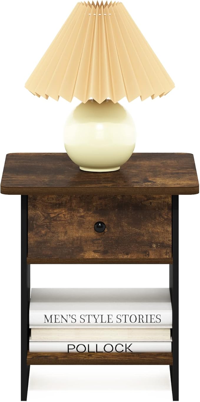 Furinno Dario End Table/ Night Stand Storage Shelf with Bin Drawer, Amber Pine/Black, 1-Pack, Upper Bin