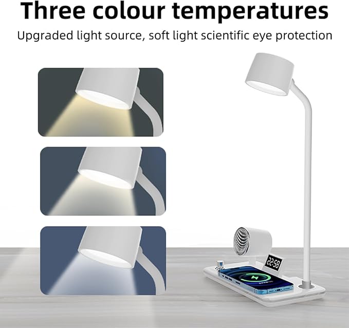All-in-One Bedside Lamp with Wireless Charger, Digital Clock, Bluetooth Speaker & Adjustable Lighting - 15W Fast Wireless Charging, Dimmable 3 Color Modes, Flexible Gooseneck,HYT-1772 White.