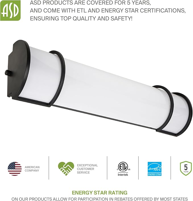 ASD LED 18" Vanity Flush Mount Light Fixture, Linear Bathroom Lighting Bar | 3CCT, Dimmable, Energy Star, ETL Listed | 20W 1650LM 3000-5000K 120V | Long Tube Bath Wall Sconce Over Mirror | Black