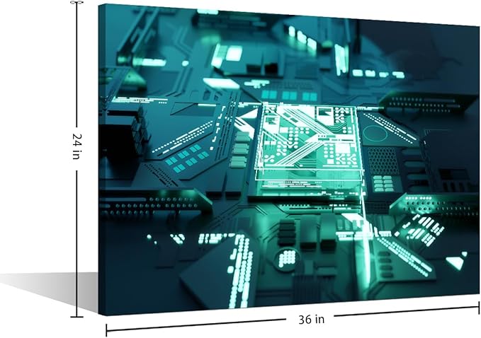 1 Panel AI Canvas Prints Glowing CPU Painting Computer Chip Pictures for Living Room Digital Age Modern Canvas Wall Art Framed House Decoration for Bedroom Office Ready to Hang - 36x24in