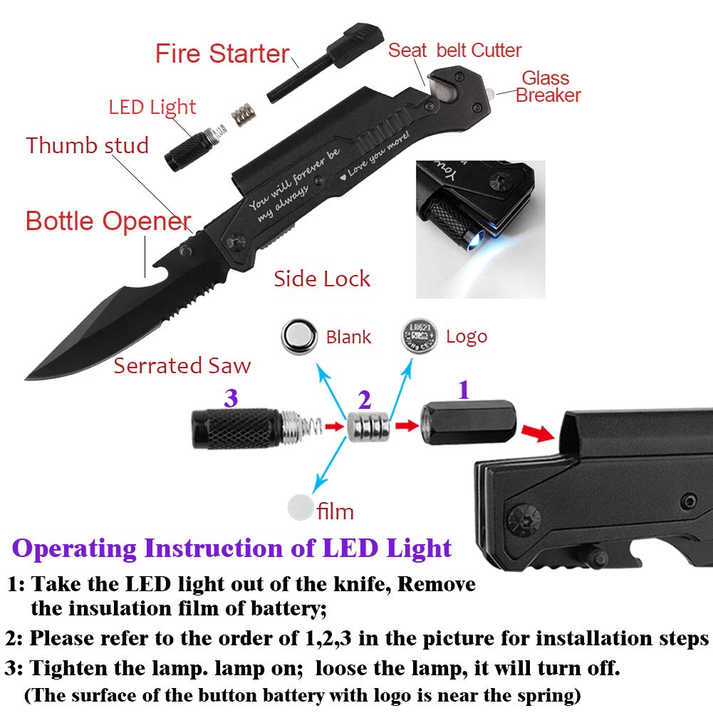 Fanfoobi Husband Birthday Present, Pocket Knife with 6 Functions, LED Light,Fire Starter,Bottle Opener,Seat Belt Cutter,Glass Breaker, Anniversary Present for Men, Boyfriend, Father's Day