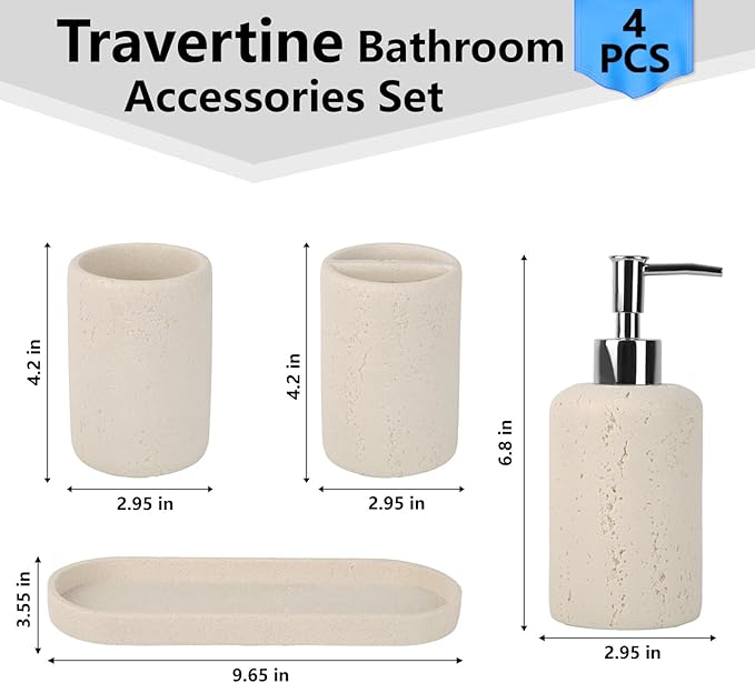 Bathroom Accessories Set,4 Piece Travertine Stone Look Bathroom Accessory Set with Soap Dispenser,Toothbrush Holder,Vanity Tray,Tumbler,Bathroom Organizer for Modern Bathrooms - Beige
