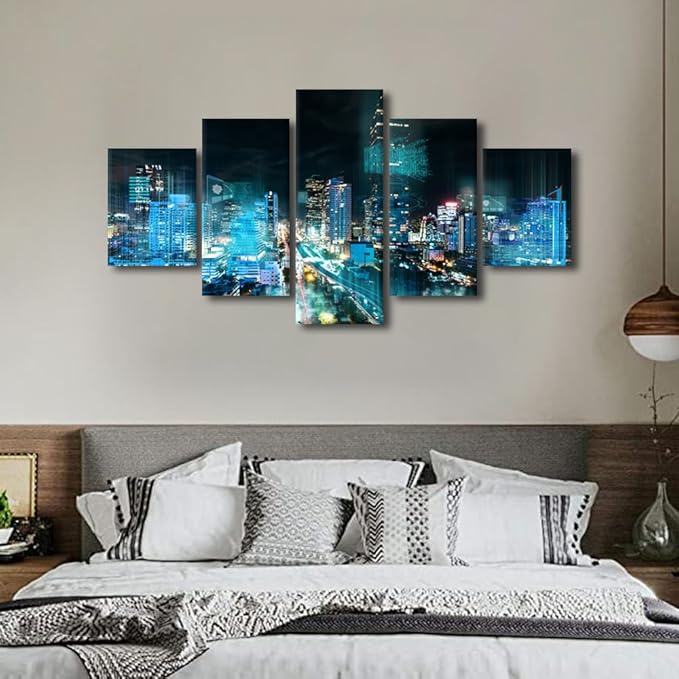 Smart City Wall Art Office Decoration 5 Panel Cityscape Poster Energy Digitalization Picture Printing Internet Workers Living Room and Bedroom Decoration Frame and Stretched Ready to Hang 60x32 Inch