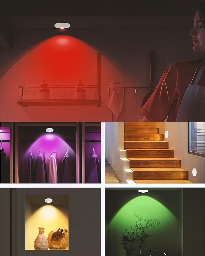 Rechargeable RGB Puck Lights with Remote Control, 1500mAh Battery Operated Push Lights, Dimmable & Timer Under Cabinet Lighting for Closet, Bedroom, Kitchen White 6Pcs