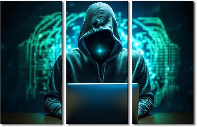 3 Pieces Wall Art AI Big Data Pictures Canvas Print Hacker Malware Artwork for Home Walls Framed Wall Art Data Paintings Giclee Gallery-wrapped Framed Ready to Hang, 42" Wx28 H