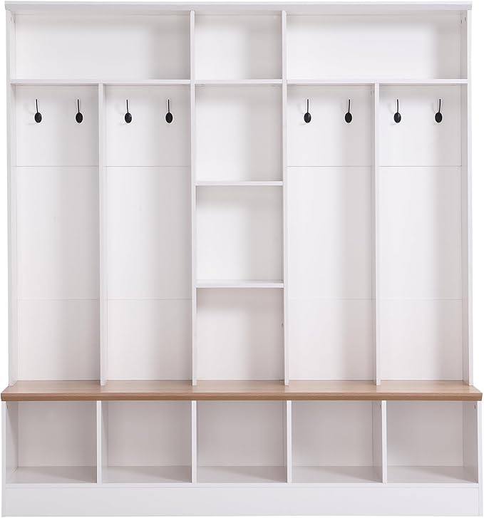 Modern Hall Tree with Storage Bench, Minimalist Shoe Cabinet with Cube Storage & Shelves, Multifunctional Coat Rack with 8 Hooks for Entryways Mudroom Hallway (White + Particle Board-Q13)