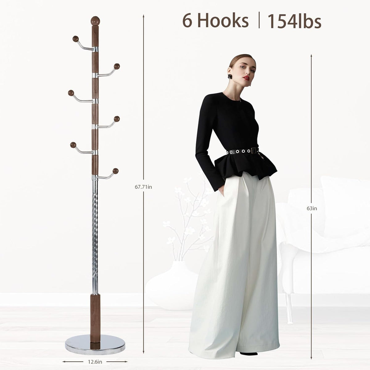 Coat Rack Freestanding, Metal Wooden Coat Tree with 6 Hooks, Heavy Duty Coat Hanger Stand with Resin and Stainless Steel Base, Free Standing Hall Tree for Scarf, Bag, Jacket (Walnut metal)