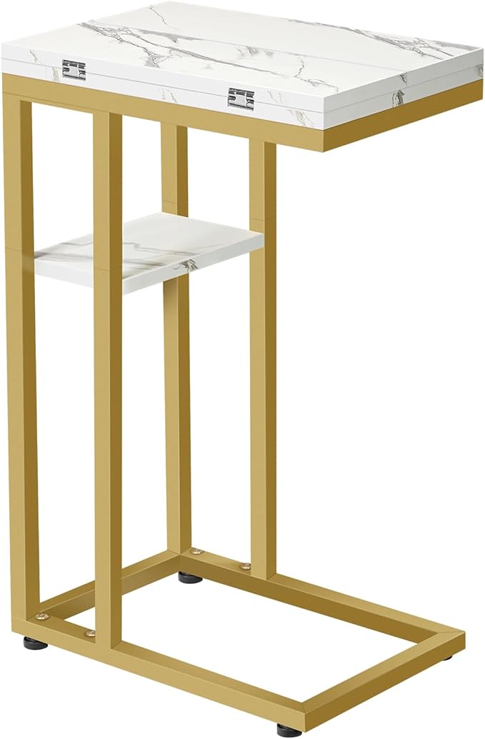 HOOBRO Foldable End Table, Gold C Shaped Side Table with Storage Shelf, Small Snack Table Suitable for Living Room Bedroom Small Spaces, Easy Assembly, Gold and Marble DM29SF01