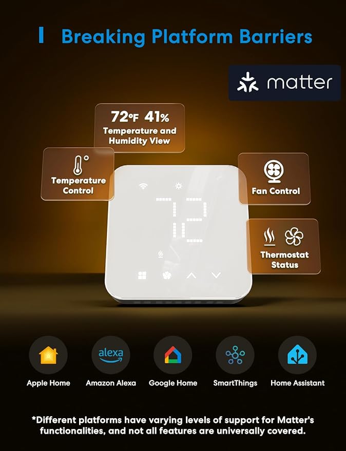 meross Smart Thermostat for Home, WiFi Thermostat Works with Matter, Alexa, Apple Home, Google Assistant, App & Voice Control, 7x24h Scheduling, Energy Saving, C-Wire Required