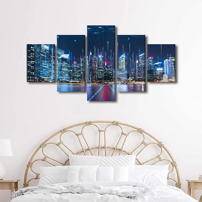 Canvas Wall Art for Office Communication Company Wall Decor Modern Smart City Poster Telecommunication and Communication Picture Printing Native Americans Home Decoration 5 Panel Poster 60x32 Inch
