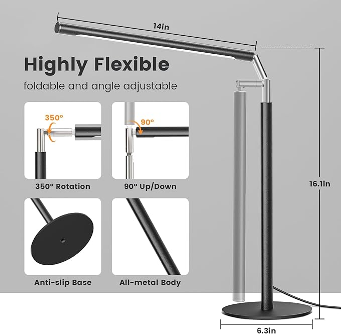 Metal LED Desk Lamp for Home Office - Foldable Industrial Desk Light with Base, 16" Dimmable Table Lamp for Reading, 4 Color Temps, 15W Modern Desktop Lamp for College Dorm Study Task Work