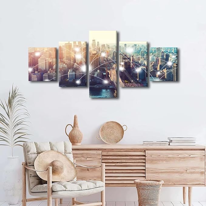 New York City Landscape 5 Panel Canvas Wall Art Urban Skyline Picture Energy Digitalization Poster Decorate Native Americans Home Decoration for Living Room and Office Decorate Artwork 50x24 Inch
