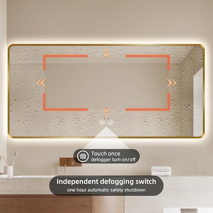 Gold LED Bathroom Mirror, 36"x60" Smart Mirror with Infrared Motion Sensor Lights, Anti Fog, Stepless Dimmable & Color Temperature Adjustment, Wall Mounted Vanity Mirror Backlit, CRI≥93