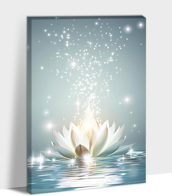 Zen White Lotus Flower Canvas Wall Art, Lotus Flower Pictures Bathroom Zen Print, Spiritual Water Lily Canvas Prints, Lotus Bloom on Water Poster, Zen Calm Relax Artwork for Yoga Spa Room 24x36 inch