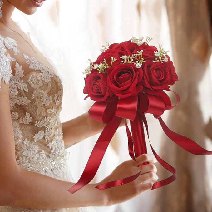 Wedding Bouquet Bride Flower Bridal Bouquets, Ribbon Artificial Rose Wedding Bouquets for Bride Bridesmaid Bouquet Dark Red Rose Bouquet Bride Bridesmaid Holding Flower for Wedding Decor