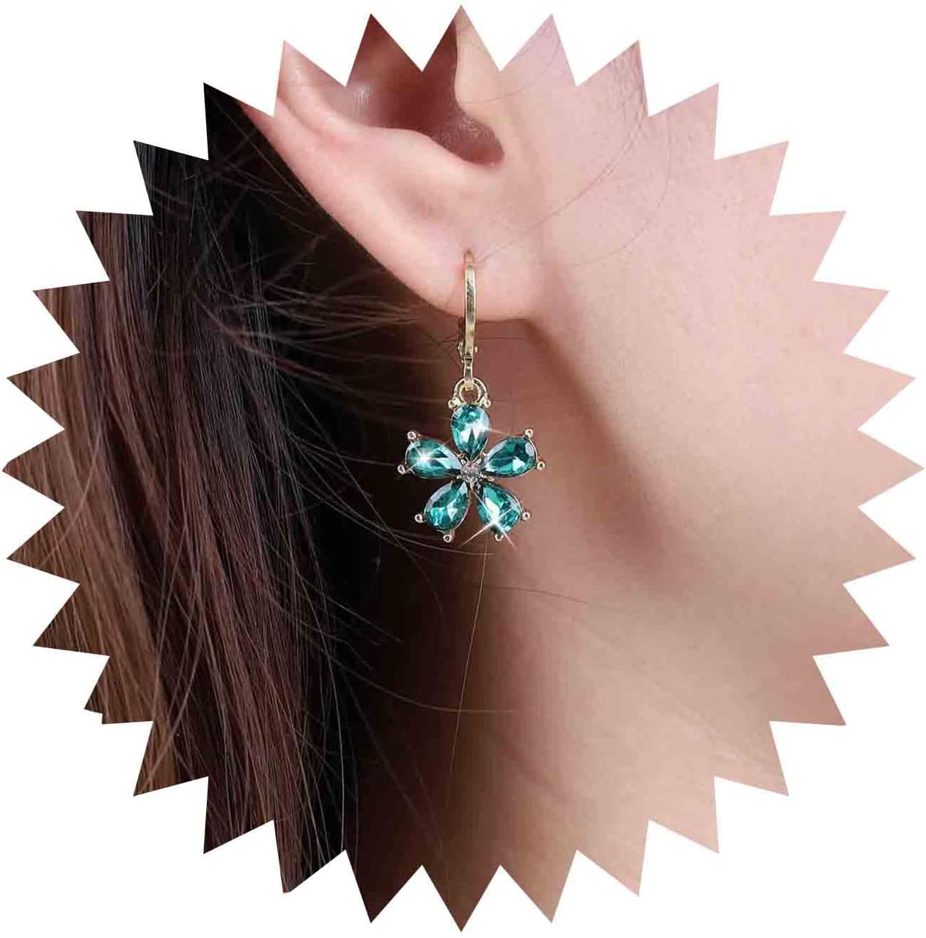 Vintage Emerald Flower Drop Earrings Green Crystal Flower Earrings Cz Flower Dangle Earrings Gold Huggie Hoop Earrings Jewelry for Women and Girls