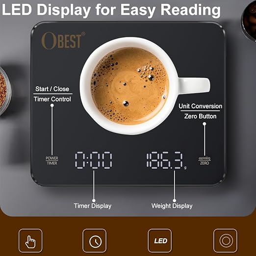 OBEST Mini Coffee Scale with Timer, Rechargeable Espresso Scale with Type-C, Travel Small Coffee Bean Scale with LED Display, Portable Digital Kitchen Scale, Pour Over Scale 3kg/0.1g Precision Black