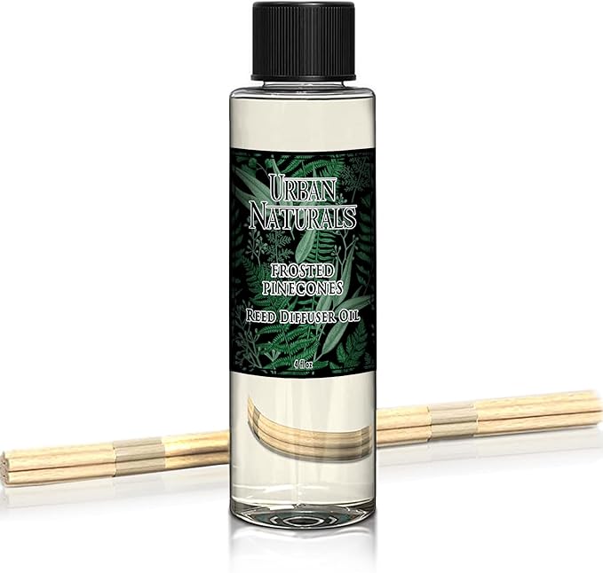 Urban Naturals Frosted Pinecones Holiday Oil Reed Diffuser Refill with Free Set of Reed Sticks – Pine, Cinnamon, Clove, Cedar Wood, Sandalwood and Vanilla Bean – Vegan, 4 oz, Made in the USA