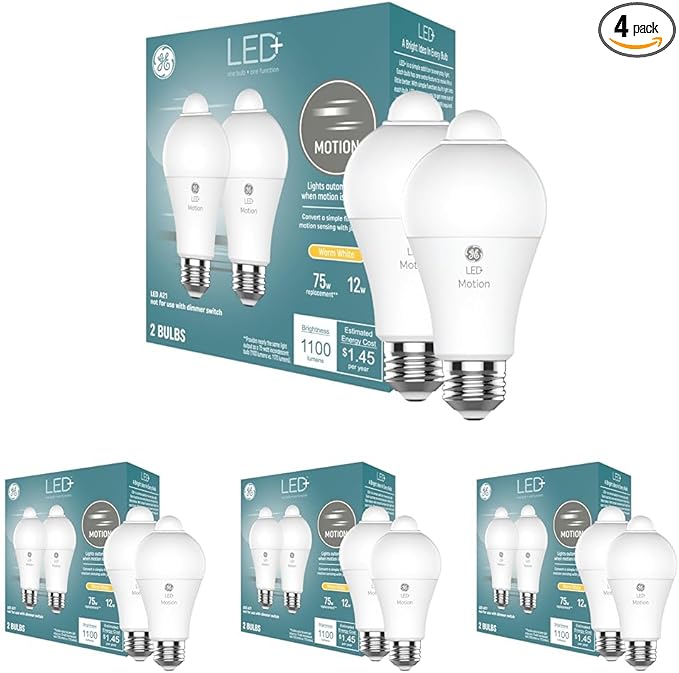 GE LED+ Motion Sensor LED Light Bulbs, 12W, Outdoor Security Lights, A21, Warm White (Pack of 4)