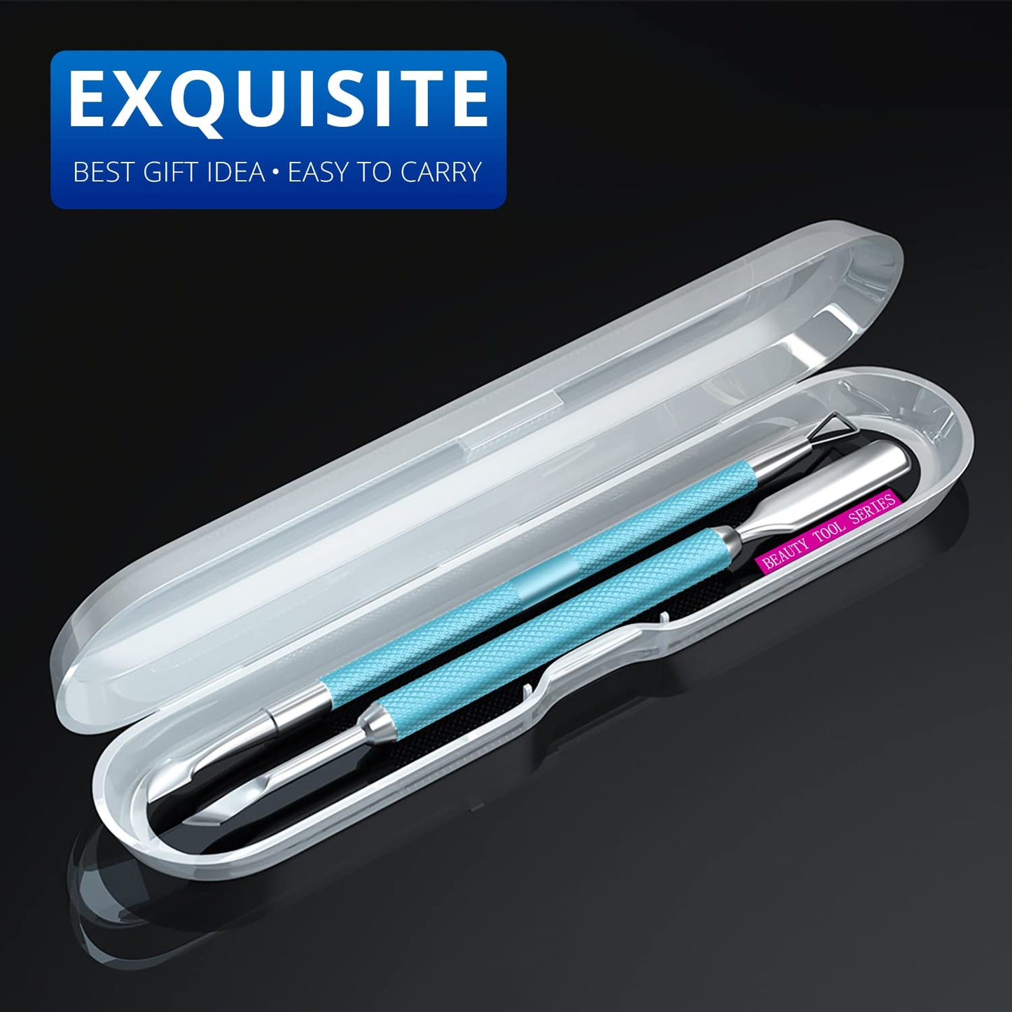 2PCS MetalTurquoise/Lake Blue Cuticle Pusher and Cutter Remover Salon Quality Stainless Steel Gel Nail Polish Peeler Scraper Durable Manicure and Pedicure Cleaner Tool For Fingernail and Toenail