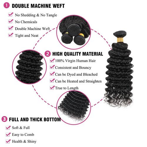 Condescension Brazilian Human Hair Bundles 18 20 22 Inch Deep Wave 3 Bundles Human Hair 100% Unprocessed Remy Brazilian Virgin Weave Hair Natural Black for Women