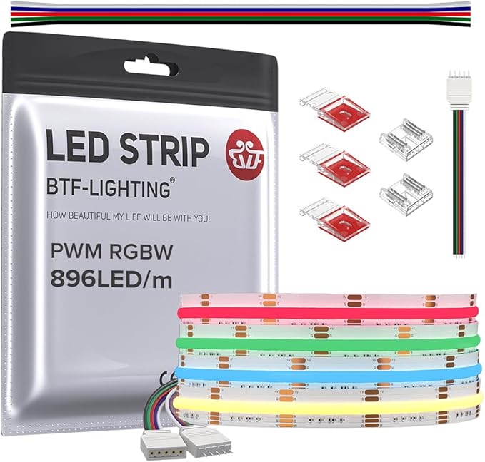 BTF-LIGHTING FCOB COB LED Strip RGBW 3000K 896LED/m 9.8FT DC24V Color Changing Flexible High Density Uniform Light 12mm Width for Home Indoor Decoration(No Adapter or Controller)