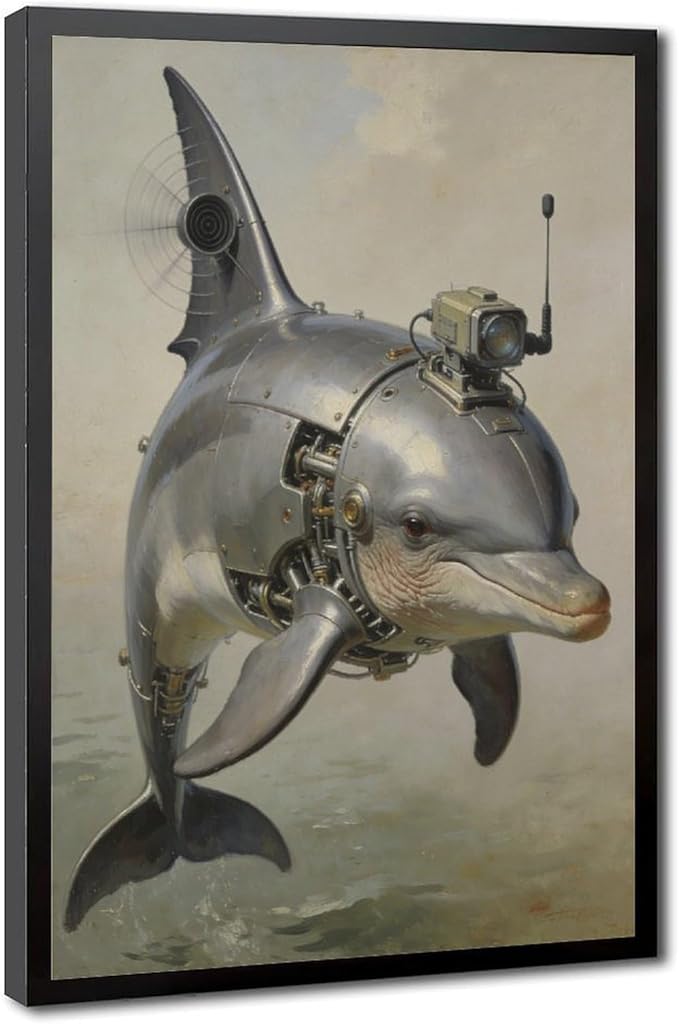 Framed Steampunk Mechanical Dolphin Wall Art - Marine Retro-Futuristic Poster for Beach House Living Room Decor 08x12in