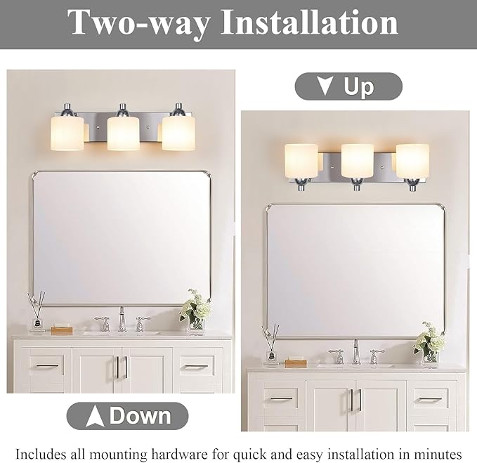 Stainless Steel Milk Glass Vanity Lights for Bathroom, 3 Light Polished Chrome Bathroom Light Fixtures Over Mirror, Ceramic E26 Sockets Wall Mounted