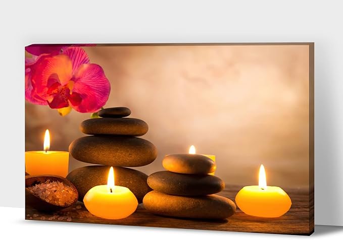 Zen Wall Art Decor, Modern Bathroom Zen Decor Wall Art, Zen Relaxing Canvas Wall Art for Spa Room Decor, Black Pebble and Lighted Candles Zen Art Prints for Office & Spa Wall Decor 24x36 Inches