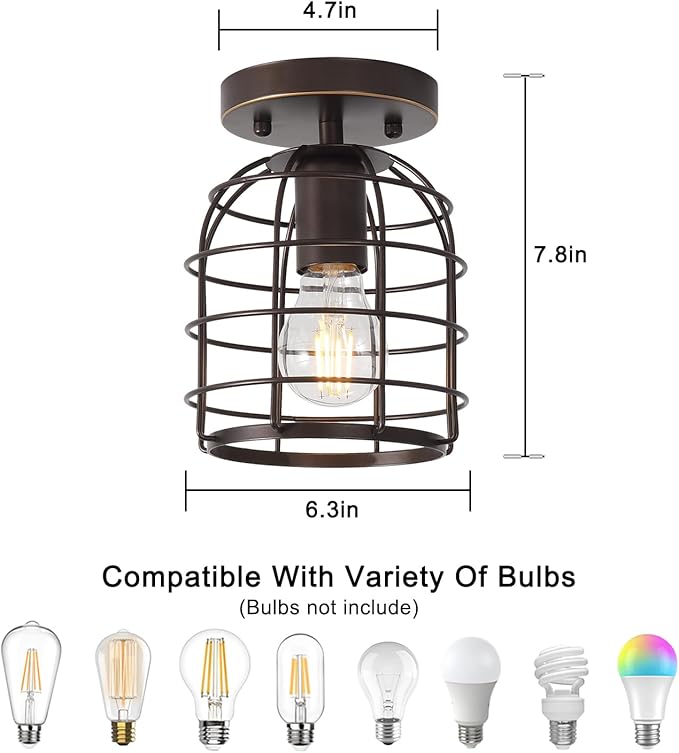 Create For Life® Industrial Vintage Flush Mount Ceiling Light,Rustic Metal Cage Semi Flush Mount Ceiling Lamp Fixture for Hallway Stairway Kitchen Garage, E26, Oil Rubbed Bronze Finish,2 Pack