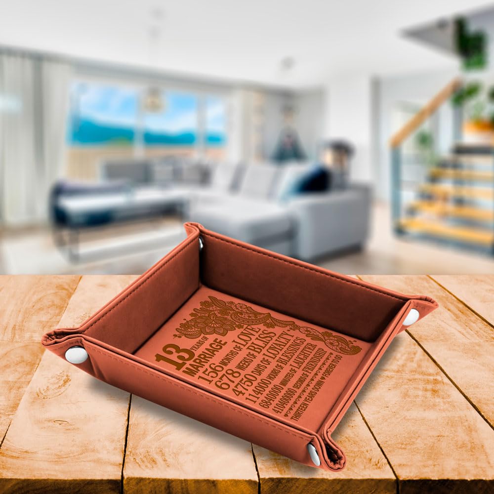 13 Years Anniversary Engraved Leather Tray, Traditional Lace Anniversary, 13 Years Together as Husband and Wife, Boyfriend and Girfriend. Couples Gifts.
