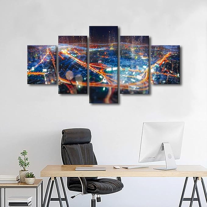 Rebotipy 5 Panel Canvas Wall Art Connection Concept Picture Printing Futuristic Communication Poster Communication Company Meeting Room Decoration Big Data Worker Living Room Decor Artwork 60x32 Inch