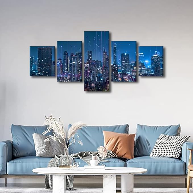 Canvas Wall Art Modern City Poster Printing Men Home Canvas Decoration Connection Concept Picture 5 Panel Abstract Point Poster Internet Workers Home Decoration Stretched Ready to Hang 50x24 Inch