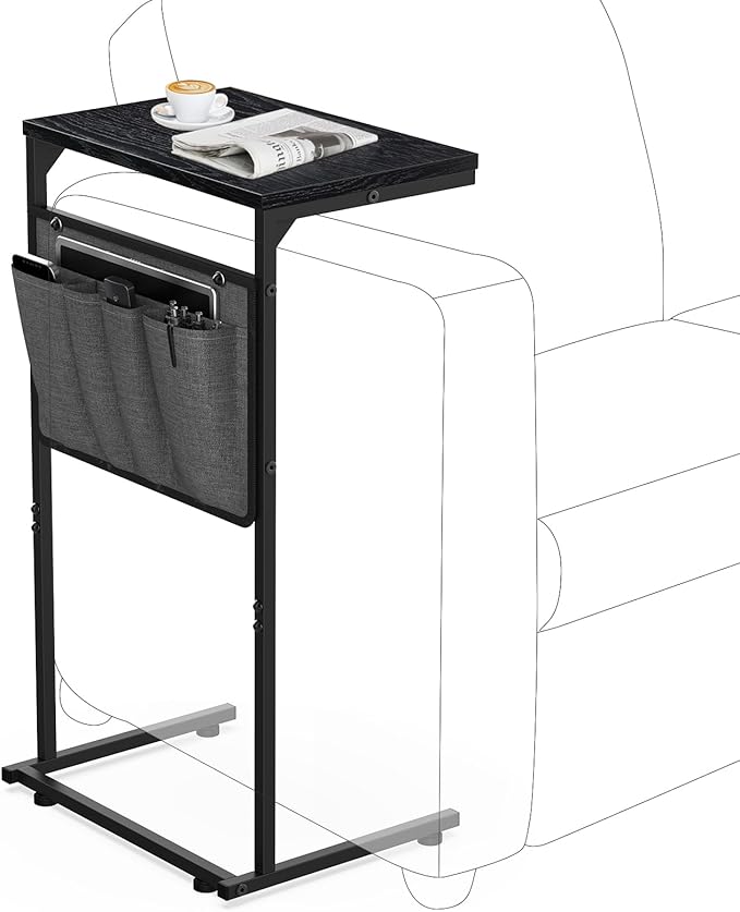 Vantic C Shaped End Table, Small Side Table for Couch and Recliner, Slide Under Sofa Tray Desk with Storage Bag for Living Room and Bedroom, Black