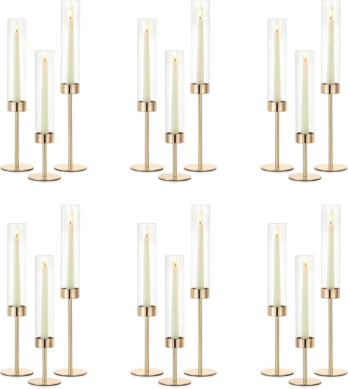 NUPTIO Candle Stick Holder for Wedding: 18 Pcs Tall Hurricane Gold Candles Holder with Clear Glass Chimney Cover - Tapered Candlestick Decor Bulk for Party Centerpiece