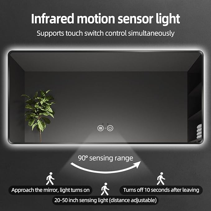 36"x48" Black LED Bathroom Mirror, Metal Framed Rounded Corner Rectangle Backlit Mirror Bathroom, Anti-Fog, 3-Color Stepless Dimmable Lighted Mirror, Motion Sensor Lights, Memory Function