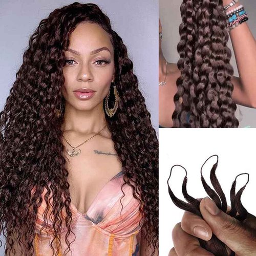 QVR Water Wave Crochet Hair Natural Black Machine Made Feather Human Hair Extension 16 inch 56 Gram Per Pack Dark Brown Color