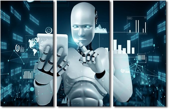 3 Pieces Banquet Wall Art AI Intelligence Artwork Wall Decor Canvas Wall Art Framed Wall Art Robot Prints on Canvas Wall Paintings Robot Posters Home Office Room Wall Decor, 42" Wx28 H