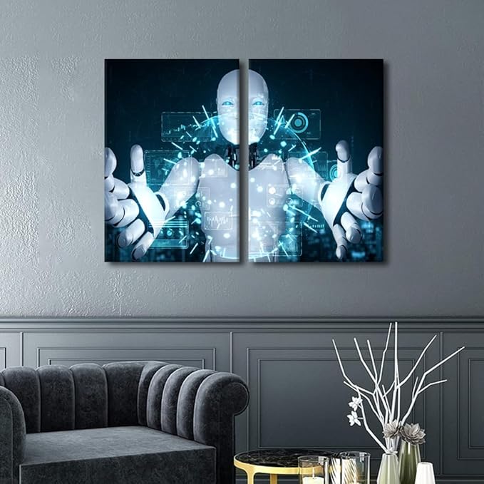 Robot Paintings for Living Room AI Intelligence Wall Art 3 Pieces Date Canvas Contemporary Artwork Home Decorations Giclee Framed Gallery-Wrapped Stretched Ready to Hang, 24" Wx16 H
