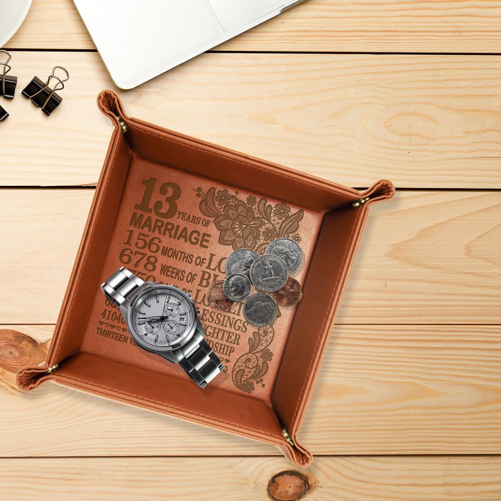 13 Years Anniversary Engraved Leather Tray, Traditional Lace Anniversary, 13 Years Together as Husband and Wife, Boyfriend and Girfriend. Couples Gifts.