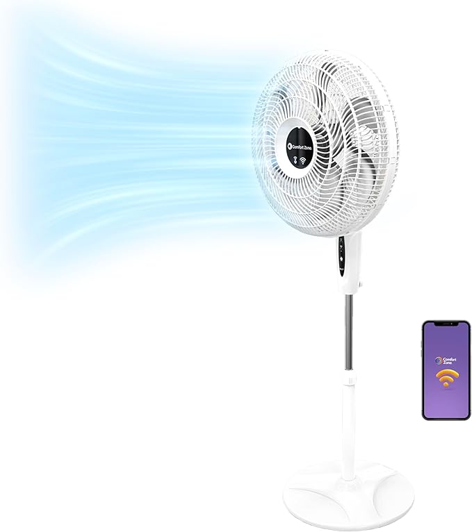 Comfort Zone 18-Inch Smart WiFi Oscillating Stand Fan, 3-Speed Wall-Mountable Fan with Voice Control, Full-Function Timer & Adjustable Stand up to 53 Inches, Quiet Tri-Curve Technology