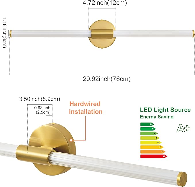 Dimmable LED Bathroom Vanity Lights 360° Full Lighting Bathroom Light Fixtures Over Mirror Vanity Light Bar Modern Wall Sconce Warm White for Bedroom Living Room Hardwired Gold, 30 inch
