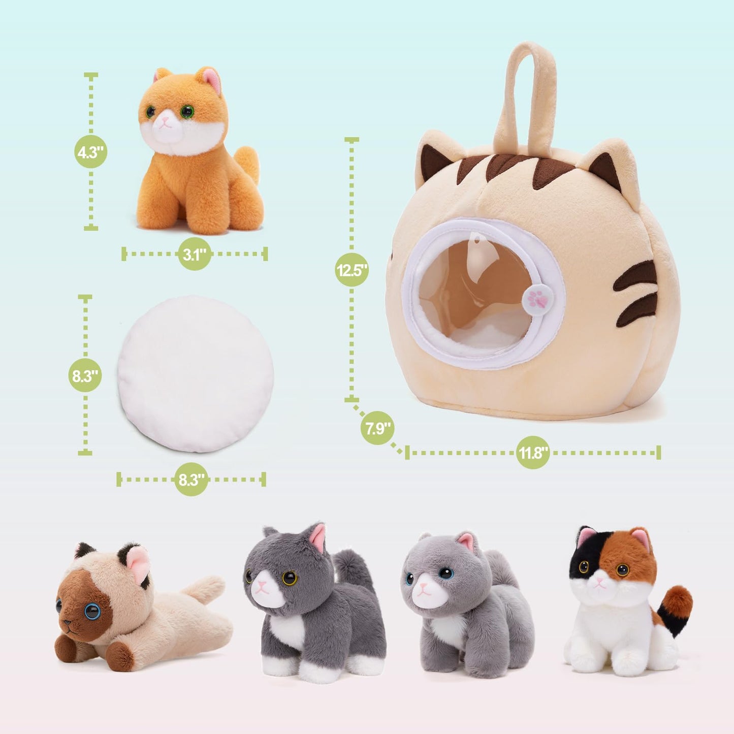 OUOZZZ Cat Stuffed Animal House – Plush Kitten Toy Set with 5 Soft Cats – Interactive & Travel-Friendly Kitties Carrier Playset for Toddlers & Kids – Huggable, Portable Birthday Gift for Baby Girls