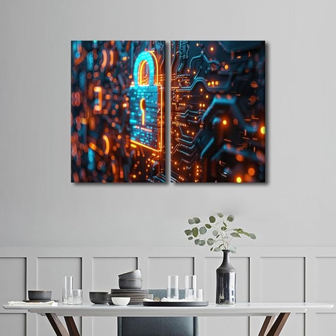 AI Intelligence Pictures Paintings Canvas Print 3 Pieces Security Lock Symbol Wall Art Artwok Home Decor for Living Room Giclee Framed Art Ready to Hang, 24" Wx16 H