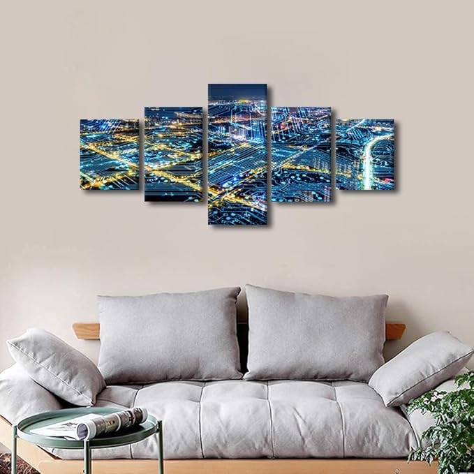 Internet Covered City Posters Modern Home Decoration 5 Panel Smart City Poster Classroom Wall Decor Teacher Office Bedroom Canvas Decorate Abstract Point Picture Printing Frame Ready to Hang 50x24 Inch