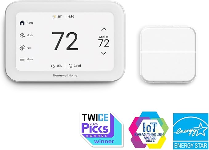 Honeywell Home X8S Smart Thermostat with Room Sensor, Video Doorbell Compatibility, IAQ Control, and Customizable Touchscreen Display, White
